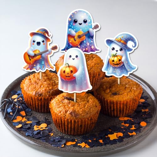 Halloween Cupcake Toppers Set - 24 Cute Ghost and Pumpkin Decorations with Toothpicks