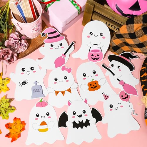 Pink Ghost Halloween Paper Cutouts - 54 Sheets with Double-Sided Printing & DIY Decorations