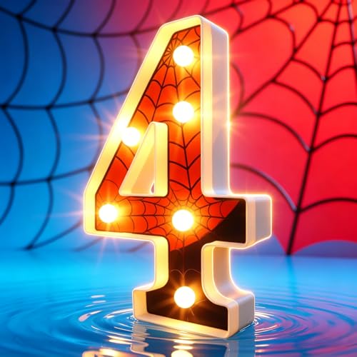 8.5-Inch Spider Light Up Number 4 - Red & Blue LED Birthday Sign, Reusable Wall & Tabletop Decor