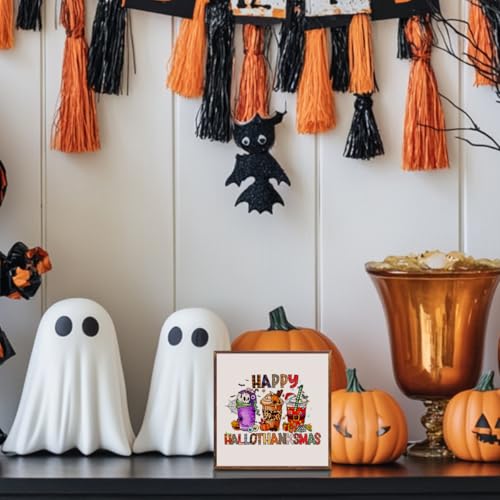 Hallothanksmas Wooden Block Sign - Funny Fall & Holiday Home Decor - Rustic Thanksgiving Christmas Decorations - IAXIC