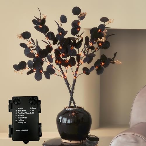 Lighted Black Eucalyptus Branches with Timer - 80 LED Halloween Tree Decor