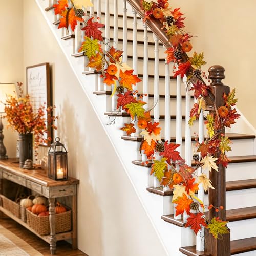 6FT Autumn Maple Leaf Garland with Pumpkins Pinecones & Berries - Fall Decor for Thanksgiving & Farmhouse Style