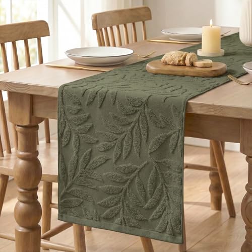 Olive Green Cotton Table Runner 13x72 Inch Jacquard Leaves Home Decor