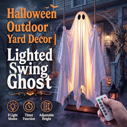 Outdoor Halloween Ghost Swing with String Lights - 5 FT Spooky Decor Kit
