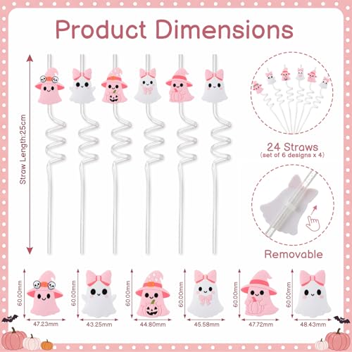 24 Pcs Pastel Ghost Halloween Reusable Glitter Drinking Straws - Cute Party Supplies