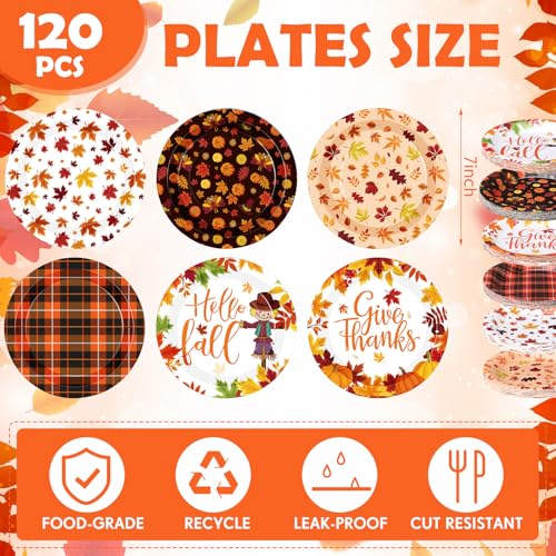 Umigy 120 Pcs Fall Paper Plates 7 Inch Hello Fall Maple Leaves Autumn Harvest Party Orange