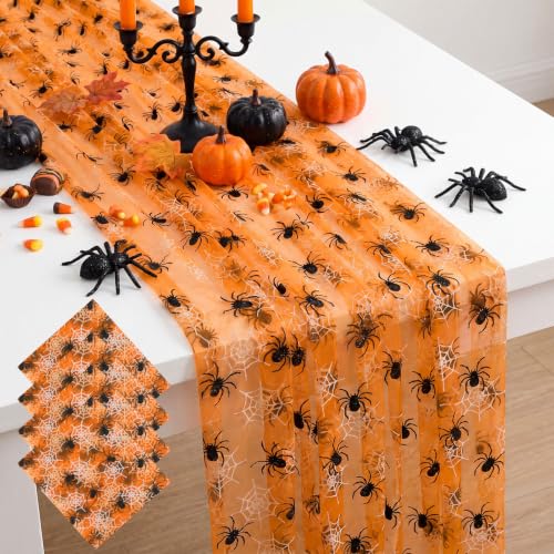 Halloween Orange Spider Web Table Runner Set - 4 Pcs 29x70 Inch Lace Decor - Spider Variation