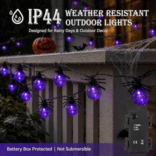 Halloween Spider String Lights 2 Pack - 20 LED Waterproof Outdoor Decor with Timer