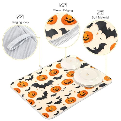 Halloween Bat Dish Drying Mat 16x18 Inches for Kitchen Countertop Spooky Pumpkin Lantern Design - Reusable Microfiber