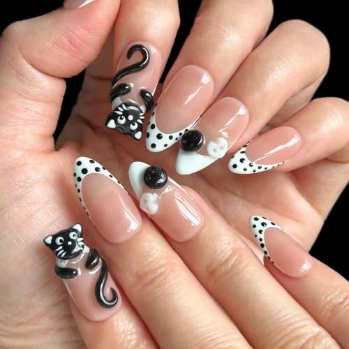 Press On Nails - Handmade Almond French Tip Fake Nails with Black Cat & Pots, 10 Pcs - Variation: Black Cat / M
