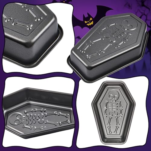 2 Pack Halloween Coffin Cake Pans with Skeleton Pattern, 10 Inch Non-Stick Bakeware