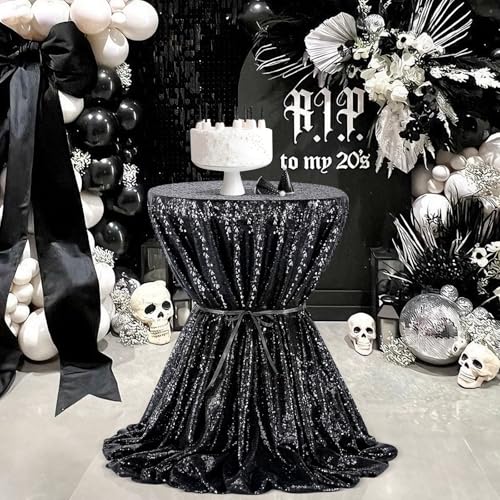 132 Inch Black Sequin Round Tablecloth for Weddings & Parties - Reusable