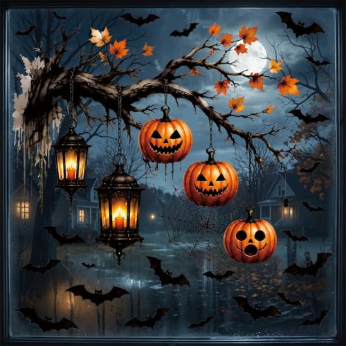 Halloween Pumpkin Window Clings Spooky Bat Spider Web Decor - Variation 1279