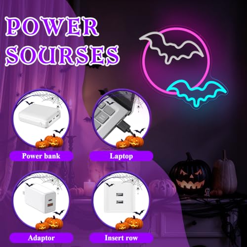 Enshanneon Moon Bats Neon Sign - Flashing Bats Halloween LED Wall Light