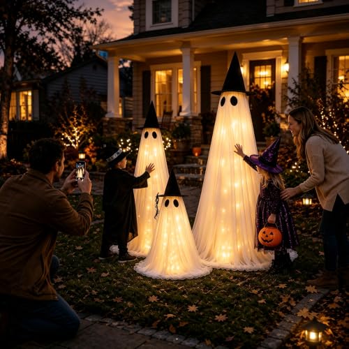 Light Up Ghost Halloween Decorations Outdoor - 3 Pack Adjustable Tall & Small Ghosts with Remote