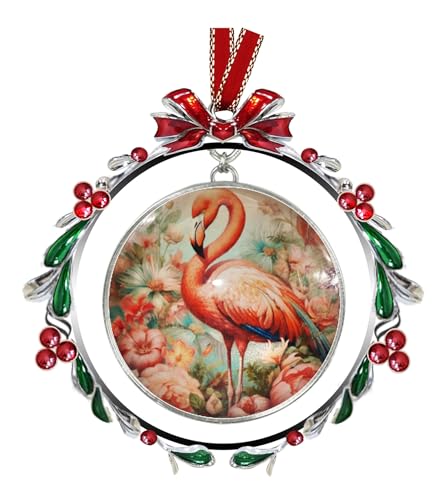 Flamingo in Floral Christmas Tree Ornament - Holiday Glass Decoration with Crystal Accents