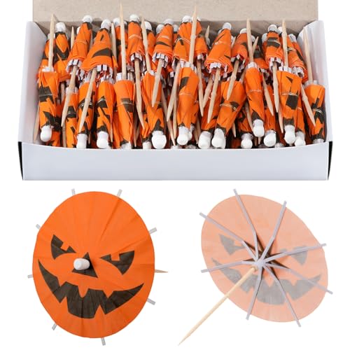 Halloween Pumpkin Cocktail Umbrella Picks - 100 Pack Party Decor