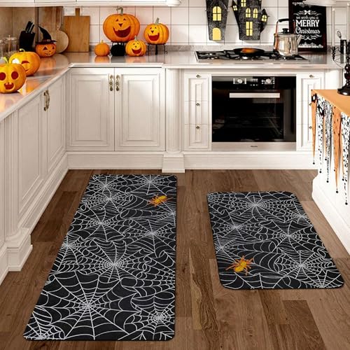 Halloween Kitchen Rugs Set - Non-Slip Washable Holiday Mat with Mouse Pad, Spider Web Design