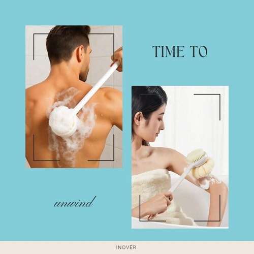 INOVER 3-in-1 Long Handle Bath Brush Set – Back Scrubber, Shower Brush & Loofah Sponge, Exfoliating Body Brush with Non-Slip Handle for Wet or Dry Use