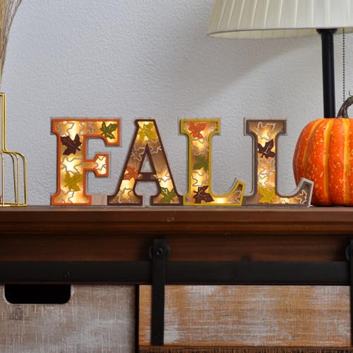 Lighted Fall Table Decor Sign - Rustic Wooden Thanksgiving Centerpiece with 3D LED Maple Leaves - Orange-Grey