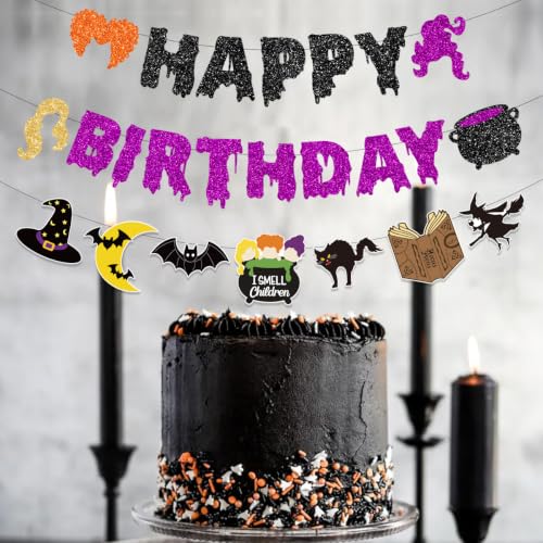 Halloween Birthday Banner Decorations Witches Glitter Black - 3 Pack