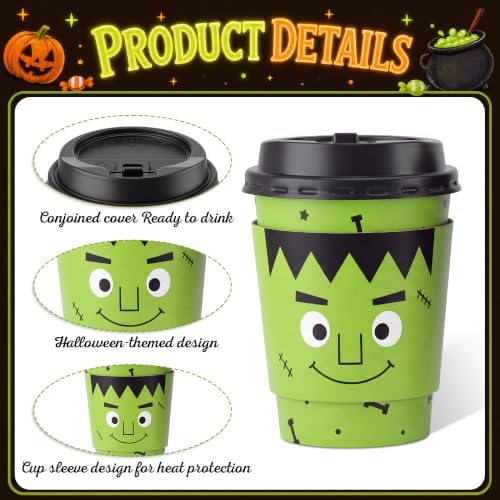 Halloween Disposable Coffee Cups with Lids & Sleeves - 8 oz Bulk Set
