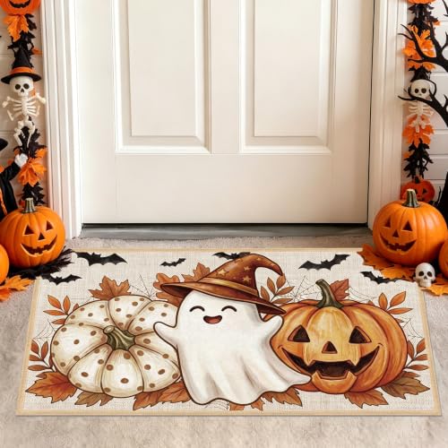 Halloween Kitchen Rugs Set - Cute Ghost Pumpkin Fall Floor Mats, 2 Pieces