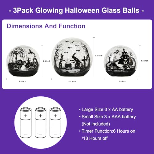 Halloween Glass Ball Decor Set - 3 Pack Purple LED Globes with Timer - Witch, Pumpkin & Bat Scenes