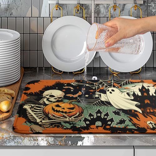 Halloween Ghost Skeleton Dish Drying Mat 18x24 Inch for Kitchen Counter - Spooky Fall Design