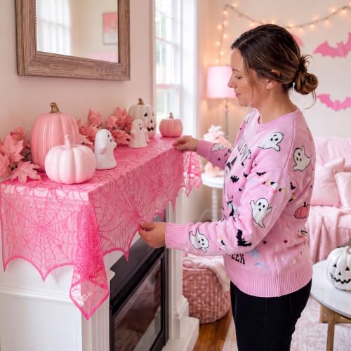 Pink Halloween Mantel Scarf Decoration Indoor Lace Spider Web Festive Decor