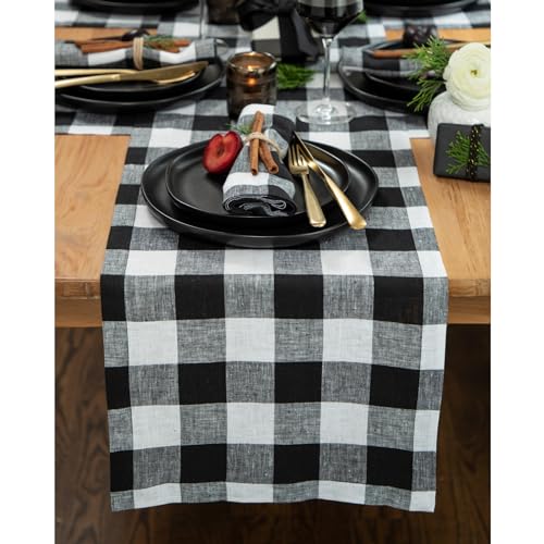 Black & White Check Linen Table Runner 14x72 Inch - Handcrafted, Machine Washable, Elegant Dining Decor Variation 03