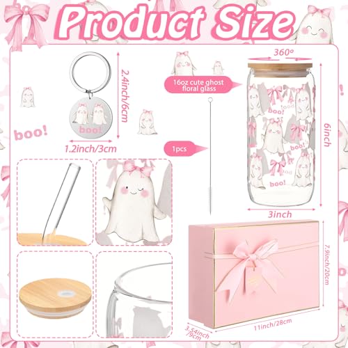 Halloween Ghost Gift Set with Pink Bow Glass Cup Blanket & Keychain - For Women