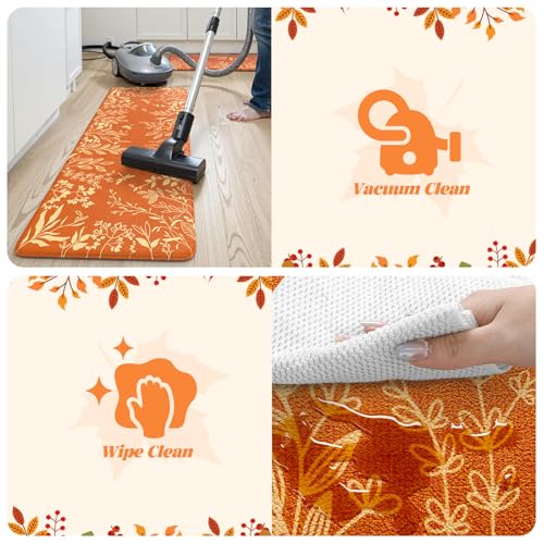 Fall Leaf Kitchen Mat with Pumpkin Design Anti-Fatigue Cushioned Rug 17.3x47+17.3x29 - Orange/Leaf