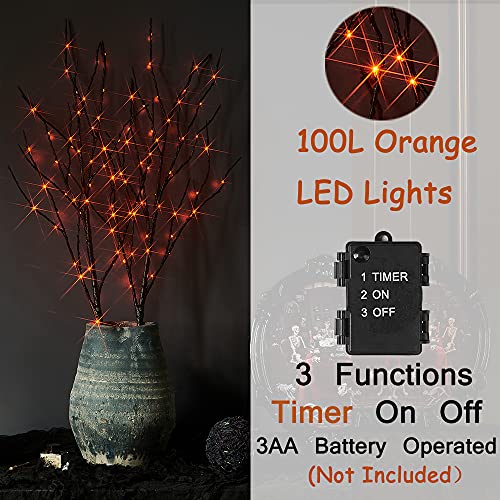Halloween Tree Branch Lights 32in Black Twig with Orange LED Fairy Lights & Timer - Indoor Outdoor Decoration