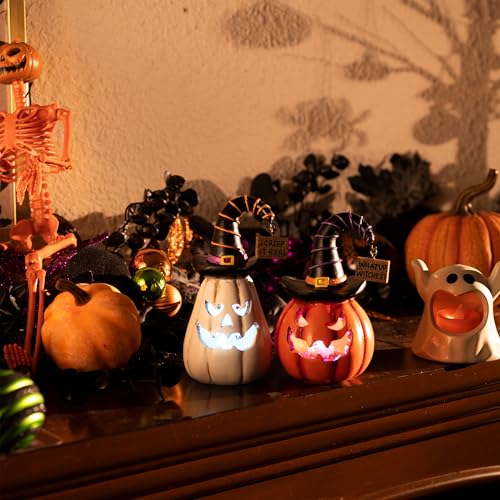 Medium Halloween Pumpkin Decorations Set - Resin Jack O Lantern Figurines with Light, Witch Hat, 5.7 Inches