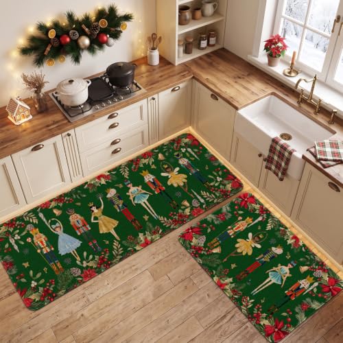 Nutcracker Green Christmas Kitchen Rugs Set of 2 - Door Mat & Runner, Holiday Home Decor