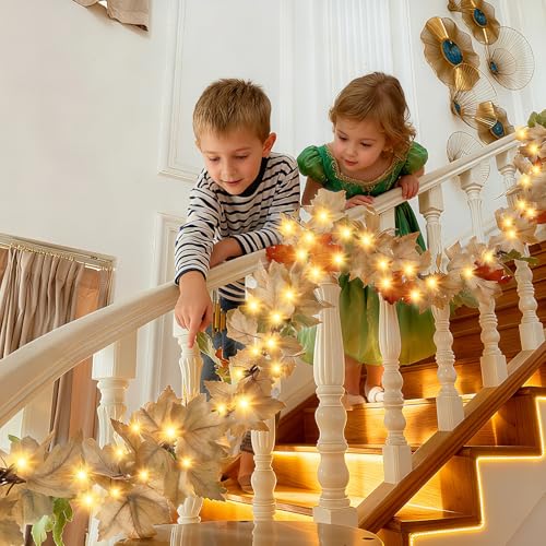 9ft Fall Garland Lights with 50 Warm Incandescent Bulbs - Indoor Outdoor Thanksgiving Decor