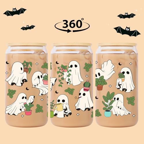 16 oz Glass Coffee Cup with Lid & Straw - Ghost Plant Design, Spooky Halloween Gift