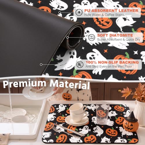 Halloween Ghost Dish Drying Mat - 12x20 Inch Absorbent Coffee Mat with Jack-o'-Lanterns & Ghosts
