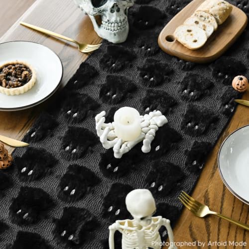 Faux Fur Ghost Halloween Table Runner 13 x 90 Inch - Black Soft Decor