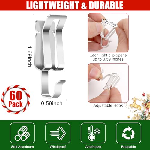 Outdoor Christmas Light Clips 60 Pack - Metal Gutter Hooks for Holiday Decor