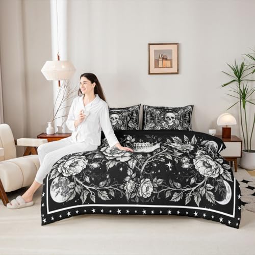 Queen Gothic Comforter Set with Sheets - White & Black Skeleton Halloween Bedding