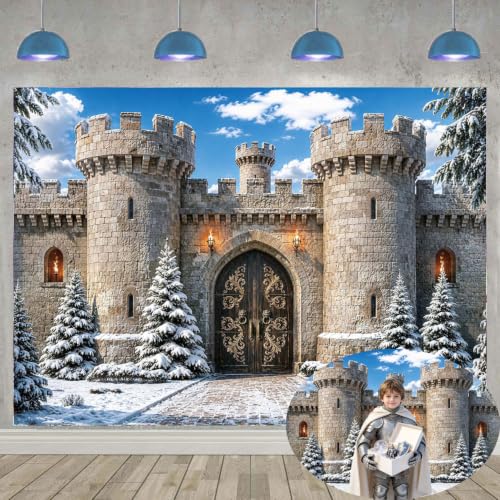 Medieval Castle Backdrop Banner 7x5FT Winter Stone Fortress Gate Scene - Fantasy Photo Decor