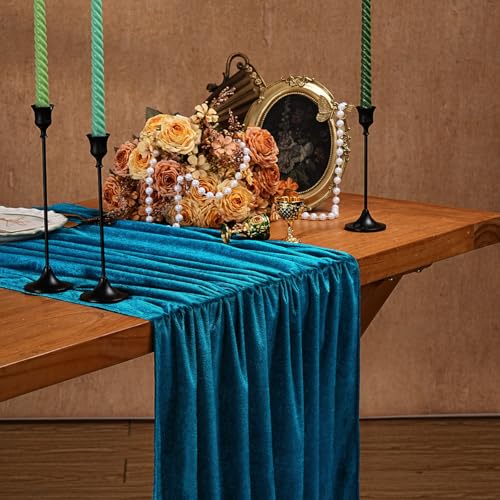 Peacock Blue Velvet Table Runner 20x120 Inches Set of 2 for Weddings & Events - Luxurious Decor