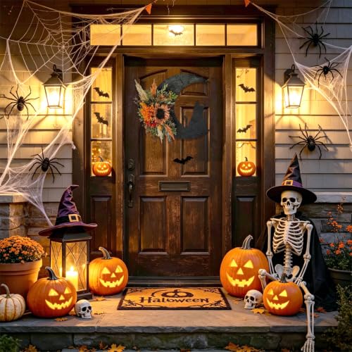 Halloween Wreath with Cat Moon and Sunflower - Fall Door Hanger Decor