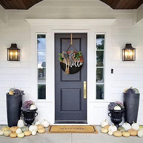 Hello Door Wreath for Front Door - Spring Farmhouse Decor, 13 Inch Black Brown