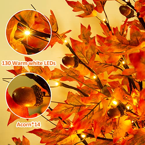 6ft Prelit Fall Maple Tree with 130 LED Lights, Dimmable & Flashing Modes - Indoor Outdoor Thanksgiving Decor