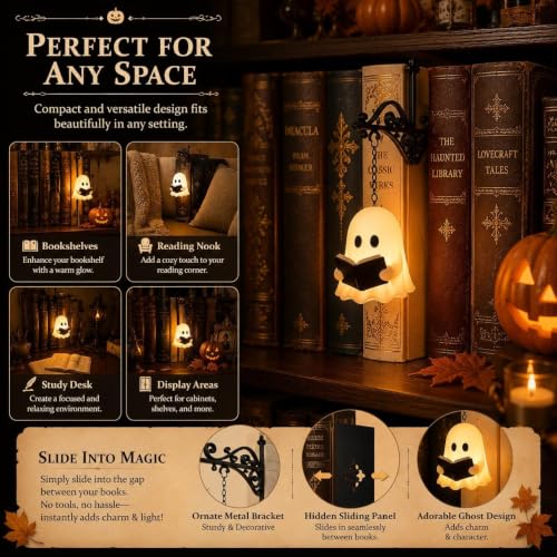Halloween Pumpkin Bookshelf Lantern - Ghost Reading Book Lamp for Home & Library Decor