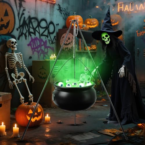 Green Halloween Witch Cauldron Decoration Set with Tripod & Lights - Outdoor