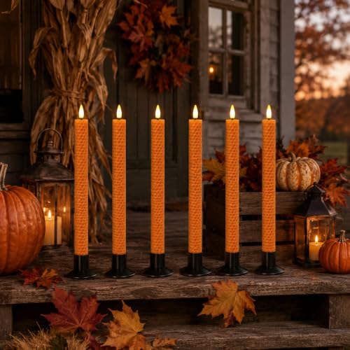 Orange Honeycomb Flameless Candles with Remote & Timer - 9.5 Inch LED Flickering Candles, Real Beeswax, Battery Operated, Set of 6
